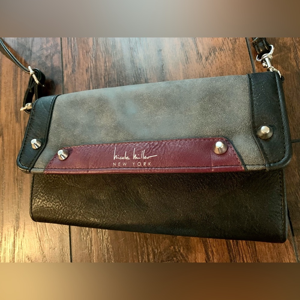 Nicole Miller Gray, Black and Purple Crossbody Purse